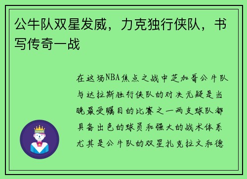 公牛队双星发威，力克独行侠队，书写传奇一战