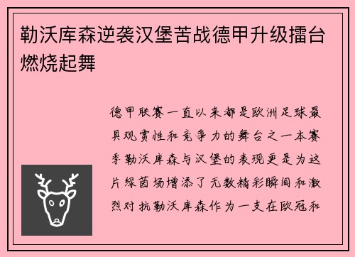 勒沃库森逆袭汉堡苦战德甲升级擂台燃烧起舞
