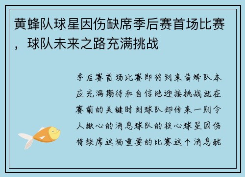 黄蜂队球星因伤缺席季后赛首场比赛，球队未来之路充满挑战