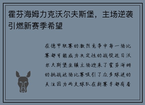 霍芬海姆力克沃尔夫斯堡，主场逆袭引燃新赛季希望