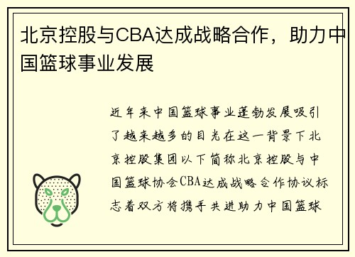 北京控股与CBA达成战略合作，助力中国篮球事业发展