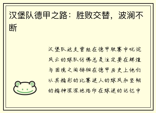 汉堡队德甲之路：胜败交替，波澜不断