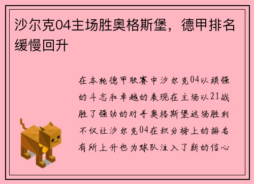 沙尔克04主场胜奥格斯堡，德甲排名缓慢回升